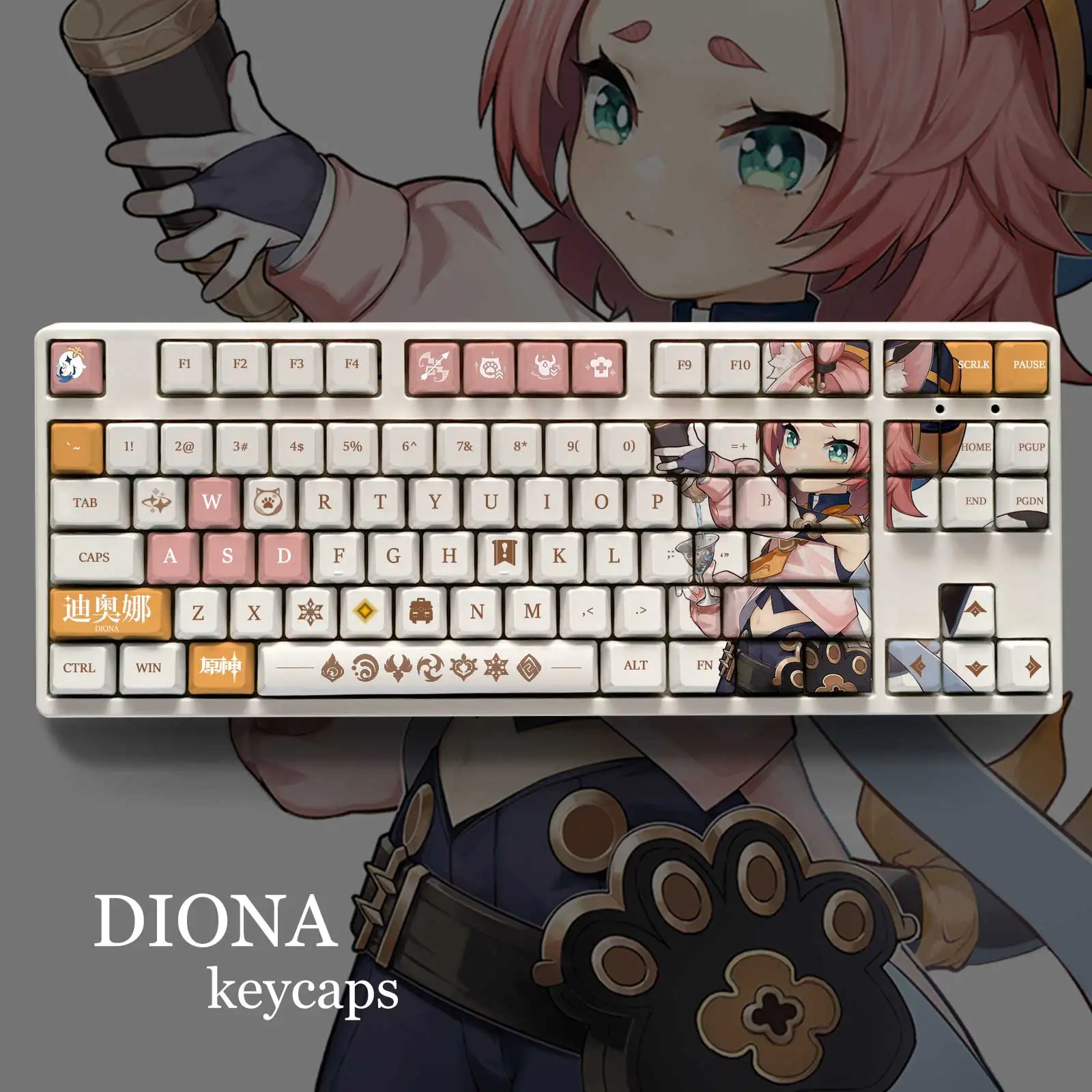 

Игровая клавиатура Genshin Impact Diona 108 Key PBT DYE Sublimation OEM Height MX Cross Axis Switch механическая клавиатура подарок OtakuKeycap