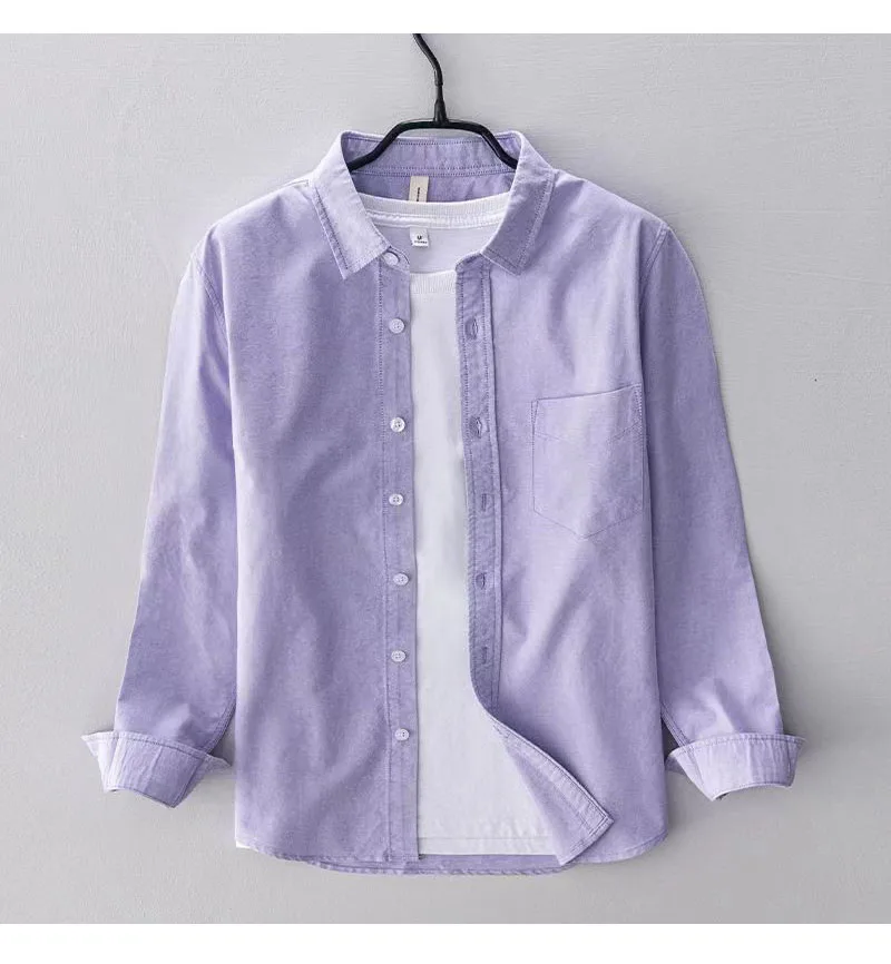 Men's Oxford 100% Cotton Shirt Long Sleeve Lapel Autumn Shirt Fashion Simple Casual Solid Color Shirt Coat Business Casual Tops