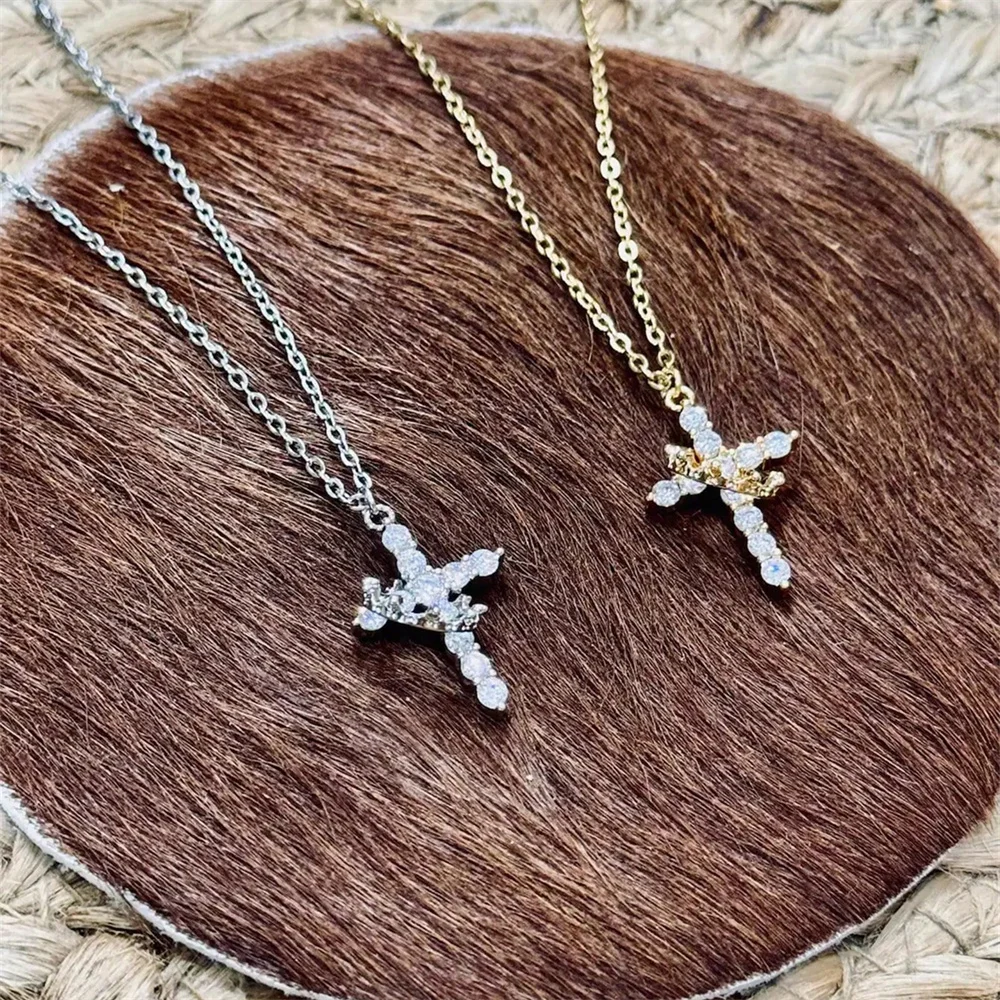 White Zircon Classic Cross Crown Pendant Necklaces For Women Vintage Gold Silver Color Chain Wedding Jewelry Mother's Day Gifts
