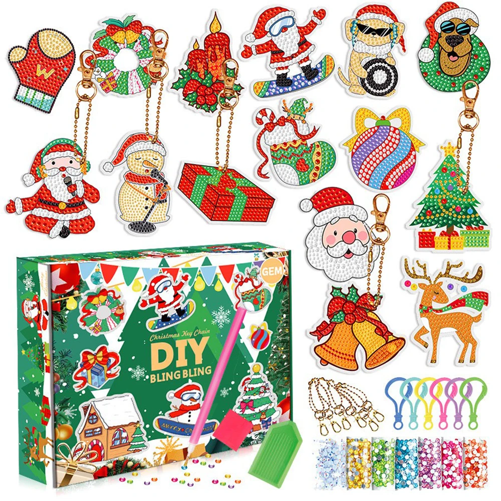 12 Portachiavi Natalizi Fai Da Te - Pittura Diamanti 5D Con Strass - Kit Creativo Per Bambini E Adulti