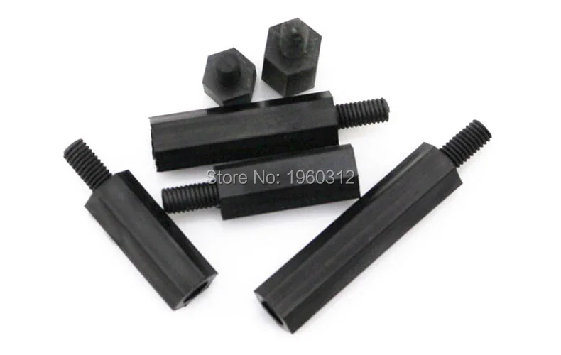 1000pcs 남성-여성 스레드 M2/2.5/3/4*L + 6mm 검정색 플라스틱 나일론 육각형 육각형 스탠드 오프 스페이서 기둥