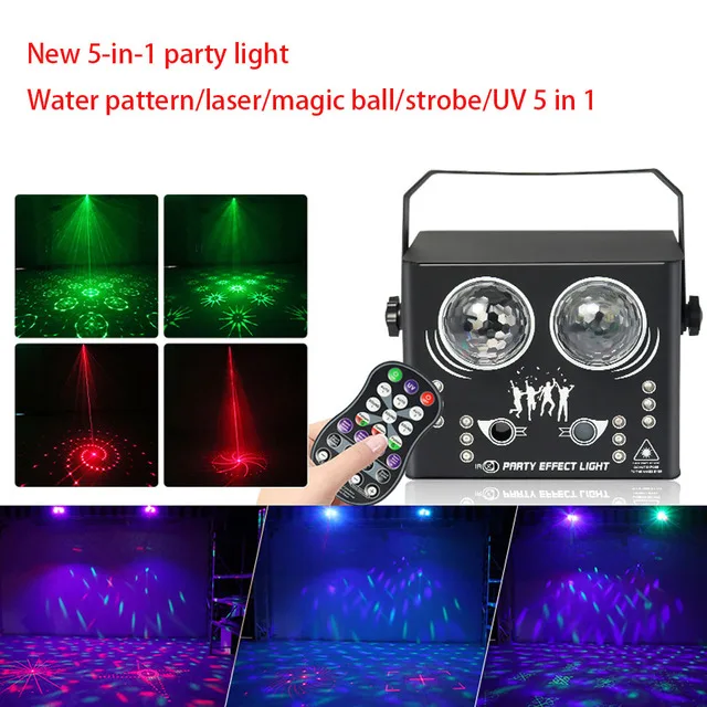 

5IN1 Party Stage Light DMX UV Black Lights Laser LED Strobe Water Wave Projector Pattern Magic Ball for Bar Dj Disco Halloween