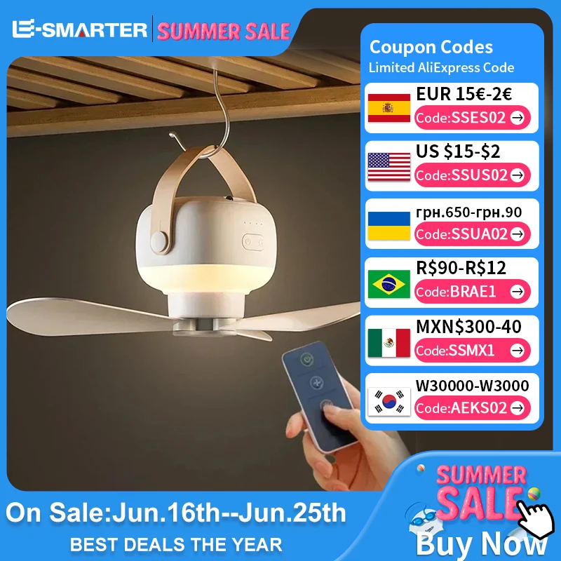 Portable Rechargeable Ceiling Fan with LED Light