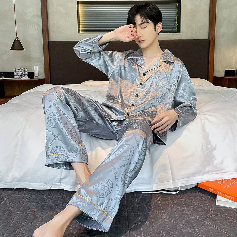 Spring Autumn Men's Thin Imitation Silk Pajamas Long Sleeve Jacquard Cardigan Pants Casual Loose Fitting Home Clothing Set