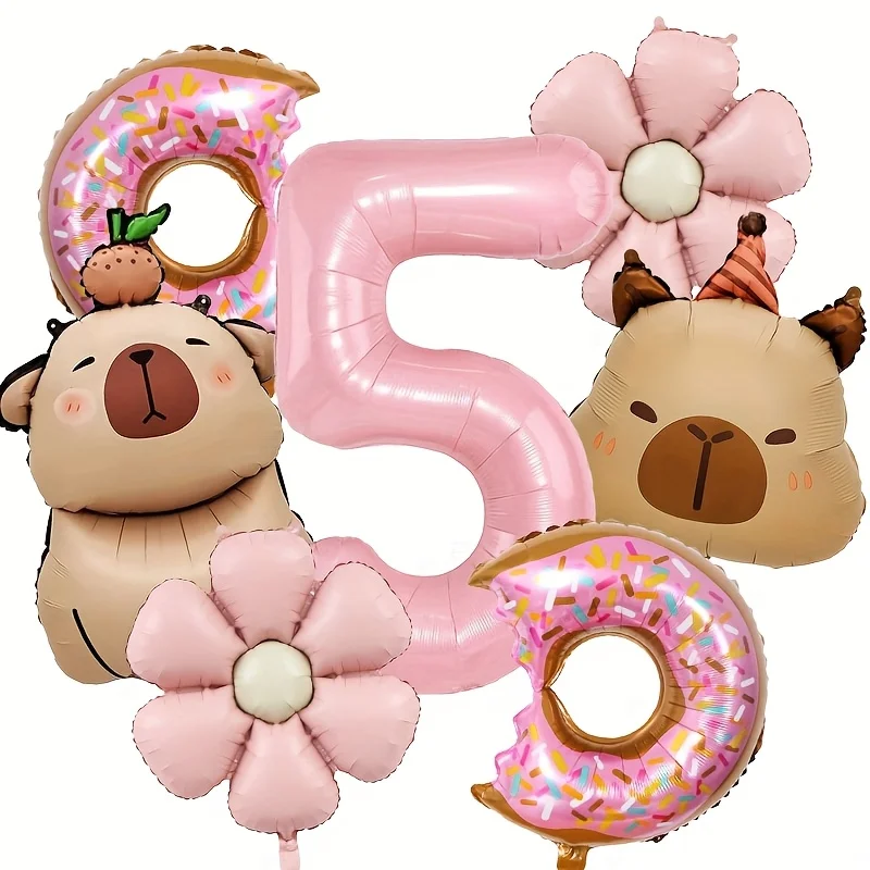 Cartoon Delfin Rosa Gänseblümchen Happy Birthday Ballon Donut Set 32 Zoll Rosa Ziffer Capybara Themen-Party Globos Zubehör