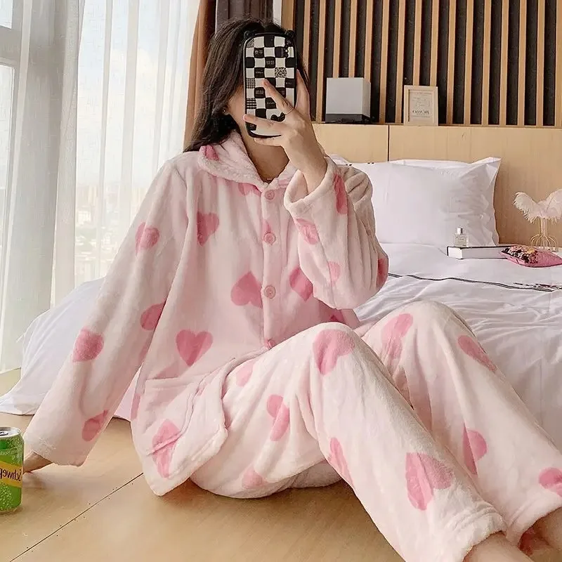 2024 New Autumn Winter Thick Coral Fleece Pajamas Women's Set Loungewear Plus-plus-size Cute Flannel Long-sleeved Sleepwear