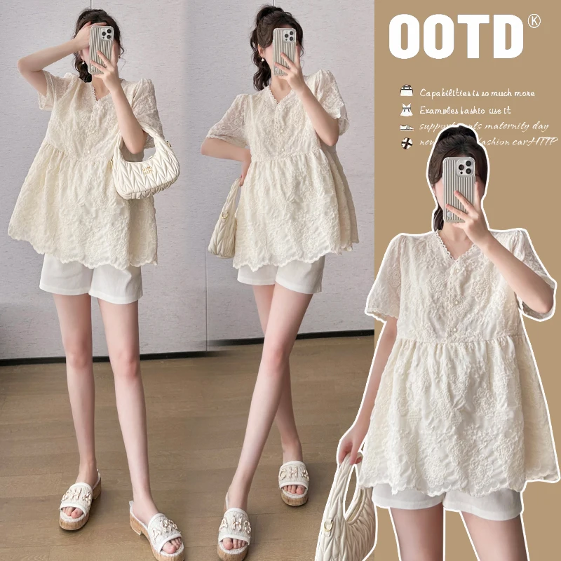 W68236# Pregnancy Pants V Neck Embroidery Korean Clothes Tops Women Maternity Trousers