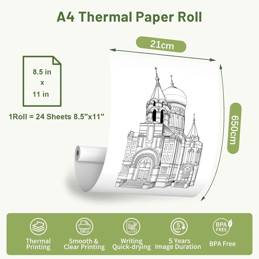 1/5롤 A4 감열지 롤 빠른 건조 투명 인쇄 210x30mm 휴대용 A4 감열 프린터에 적합한 감열 인쇄 용지