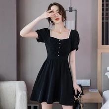 

2022 New Summer Women Black Elegant Lace Square Collar Mini Dress Sexy Back Cutout Bow Party Dresses Puff Sleeve Feminine Dress