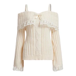 Women Off Shoulder Knit Sweater Solid Color Sweet Pullovers Long Sleeve Bow Lace Patchwork Cute Jumpers Club Streetwear Y2k