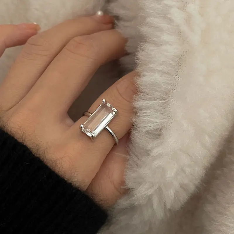 Silver Ring Inspired design transparent rectangular opening adjustable ring for French luxury ladies banquet engagement