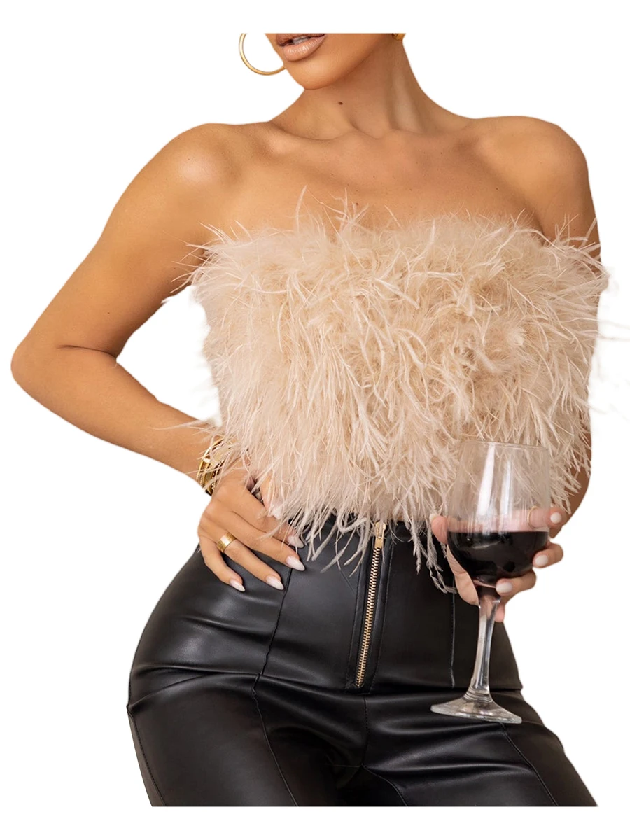 

Women Sexy Y2K Tube Tops Adult Solid Color Furry Plush Decoration Sleeveless Off Shoulder Backless Slim Fit Crop Tops