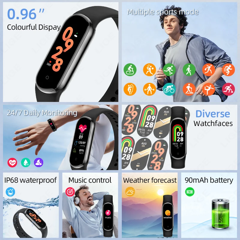 LIGE Smart Bracelet Women Smartwatch Men Heart Rate Blood Oxygen Waterproof Sport Smart Band Watch Ladies New For Android IOS