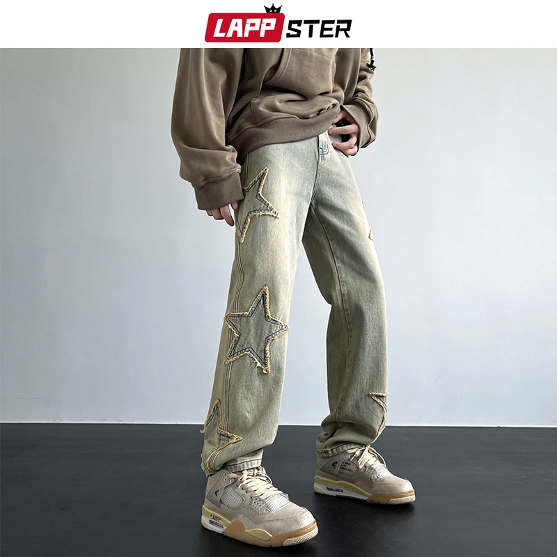 

LAPPSTER Washed Stars Y2k Japanese Streetwear Jeans Pants 2023 Blue 90s Vintage Stacked Jeans Low Rise Korean Fashions Denim