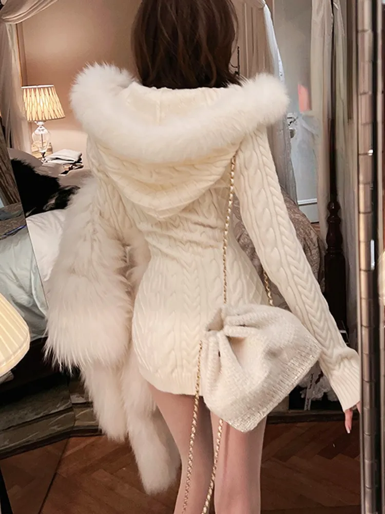 2022 Winter Knitted Sweater Dress with Hooded Women Slim Bodycon Y2k Mini Dress Faux Fur Female One Piece Dress Korean Elegant
