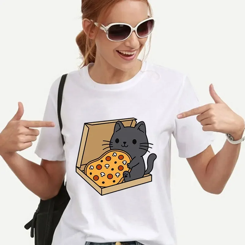 

Kawaii's Pizza Cat Graphic T-shirt Summer Short Sleeve clothes Harajuku Top Street clothing Cat Lover fashion trend casual top