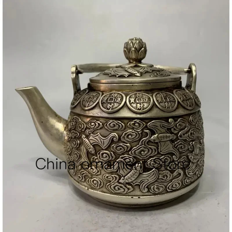 

China White copper archaize recruit wealth bat teapot crafts statue