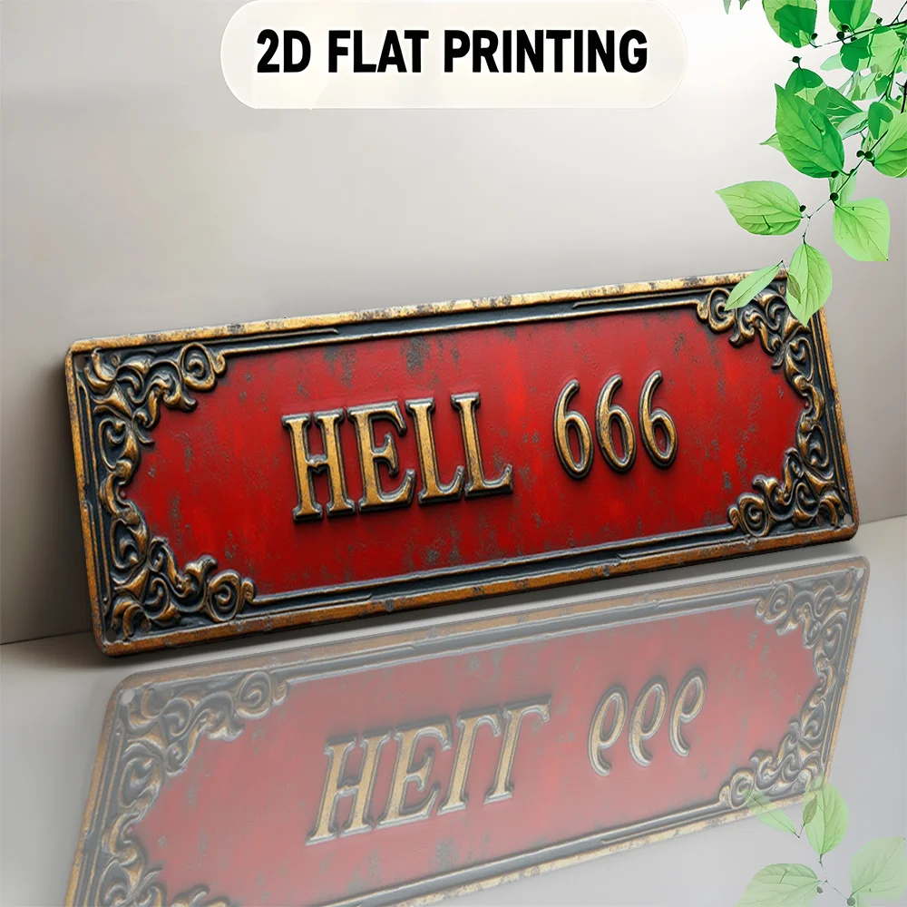 맞춤형 2D 프린트 알루미늄 사인 HELL 666 레드 골드 플로럴 테두리 빈티..