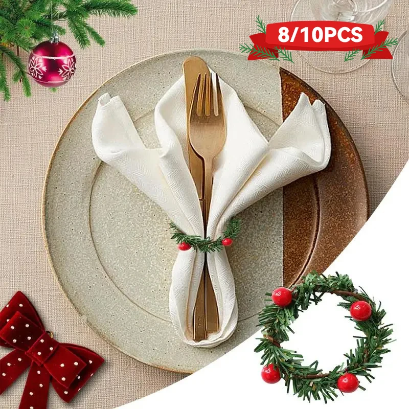 

2023 New Christmas Red Fruit PVC Pine Needle Napkin Ring Holders Xmas Table Decoration Home Wedding Banquet Hotel Table Sup