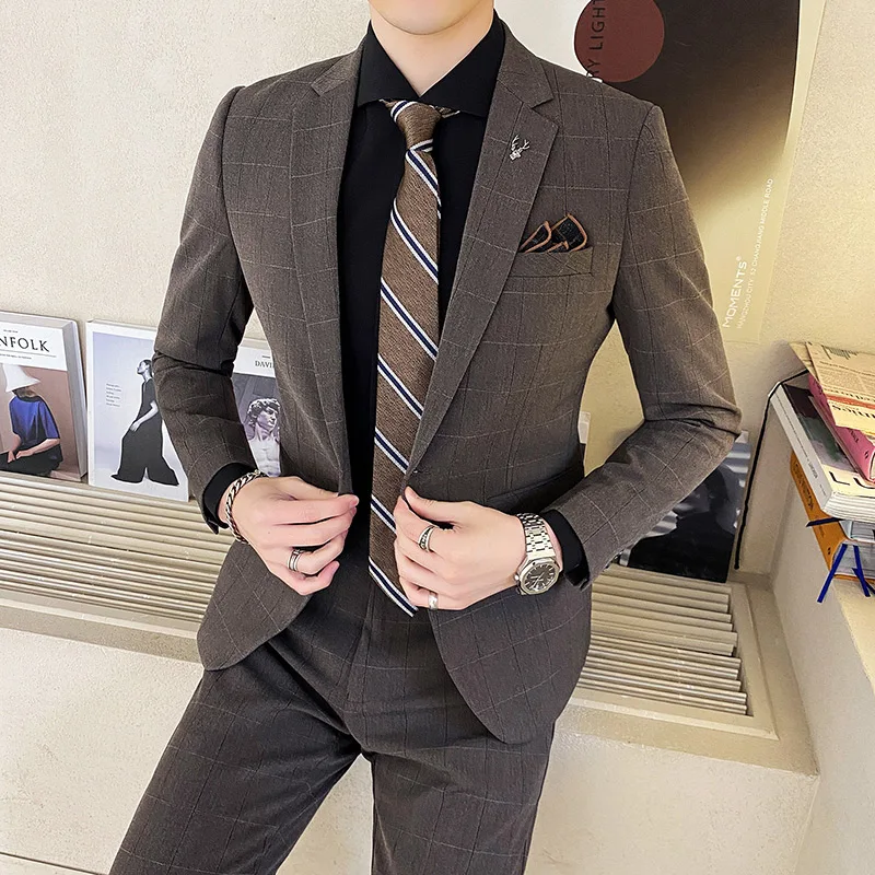 オンライン ストア ブレザー パンツ 男性スーツ2個チェック柄フィットカジュアル付添人ラペルビジネスタキシード正式な結婚式のための高級スーツ レビュー高評価の商品 Signature Johaness Com