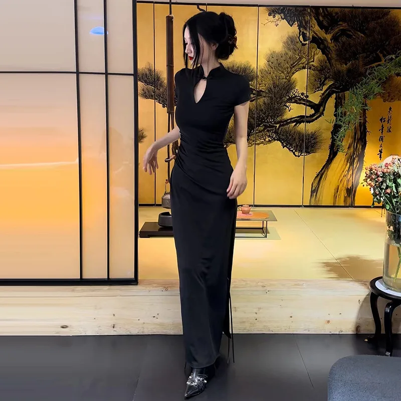 Solid Button Hollow Out Slit Bodycon Short Sleeve Women'S Dresses Long Streetwear Casual Outfit Summer Fashion