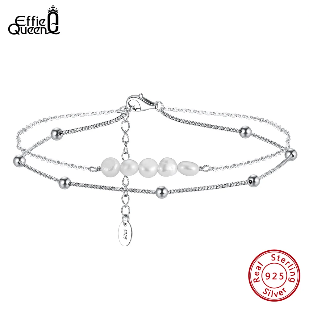 

Effie Queen 925 Sterling Silver Layered Freshwater Pearl & Cable Chain Anklet for Women Fashion Summer Beach Foot Bracelet SA50