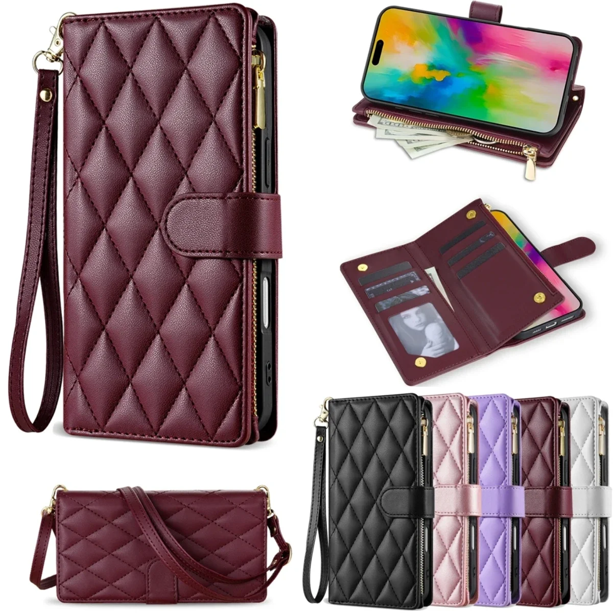 Premium Crossbody Leather Case with Zippered Card Wallet Cover