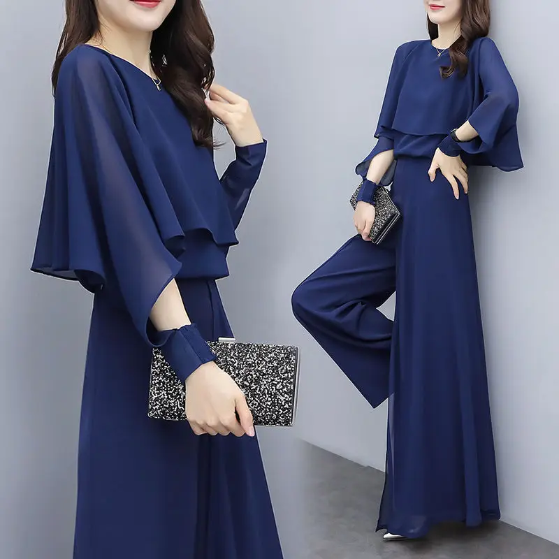 Women's Chiffon Ankle-Length Pants, Age-reducing Baggy Pants, Two-Piece Jumpsuits, Spliced Pants, Fashion