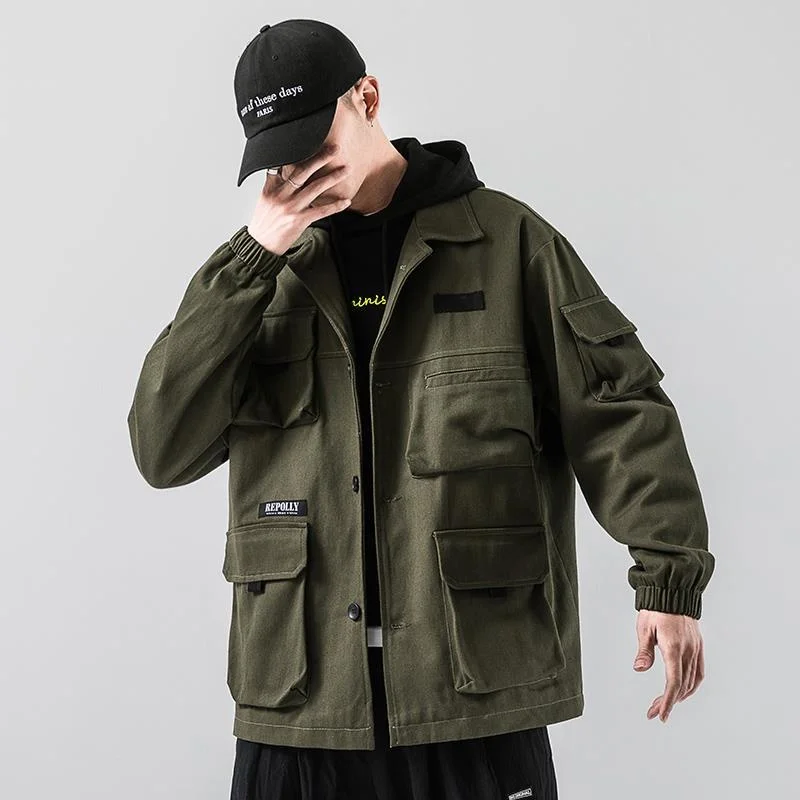 Muti-pockets Cargo Men Denim Jackets Spring Autumn Streetwear Army Green Harajuku Coat Korean Fashion Military Casual Workwear