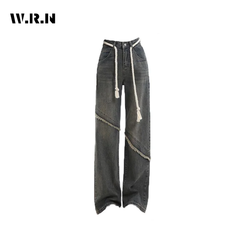 

Vintage Tassels High Waist High Street Style Blue Straight Jeans Pants Korean Fashion Women's Wide Leg Baggy Y2K Denim Trouser