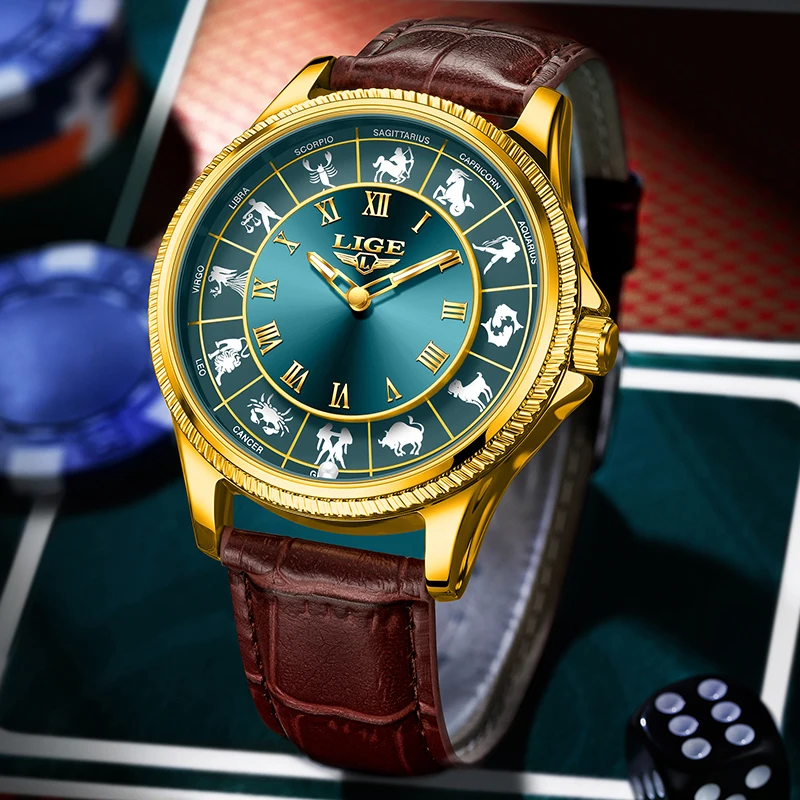 LIGE New Creative 12 Zodiac Watch Men Fashion Leather Waterproof Luminous Watch for Men Business Sport Men's Quartz Wristwatches