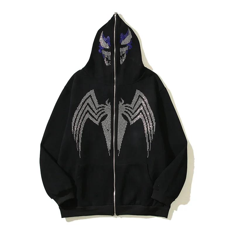 

Mei Chao High Street Retro Super Hot Fashion Venom Pattern Hot Drill Open Chest Hoodie Autumn Winter Hoodie Man