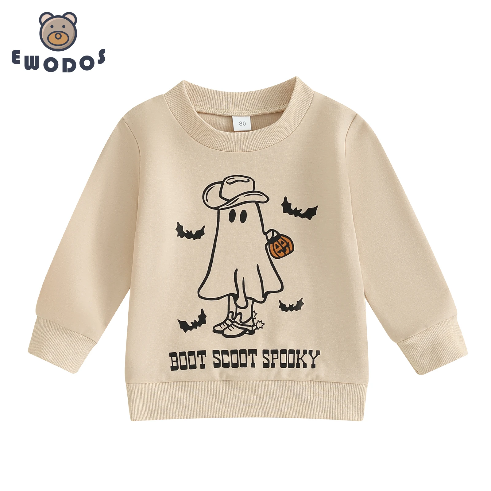 

EWODOS Newborn Baby Girls Halloween Sweatshirts Top Casual Long Sleeve Crew Neck Ghost Bat Print Pullovers Toddler Baby Tops