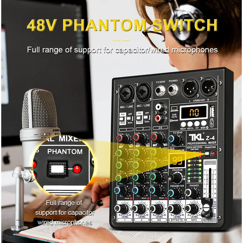 For TKL 4 channel 99 DSP audio mixer 48V Phantom Power USB studio sound mixers Bluetooth DJ console mixing for karaok