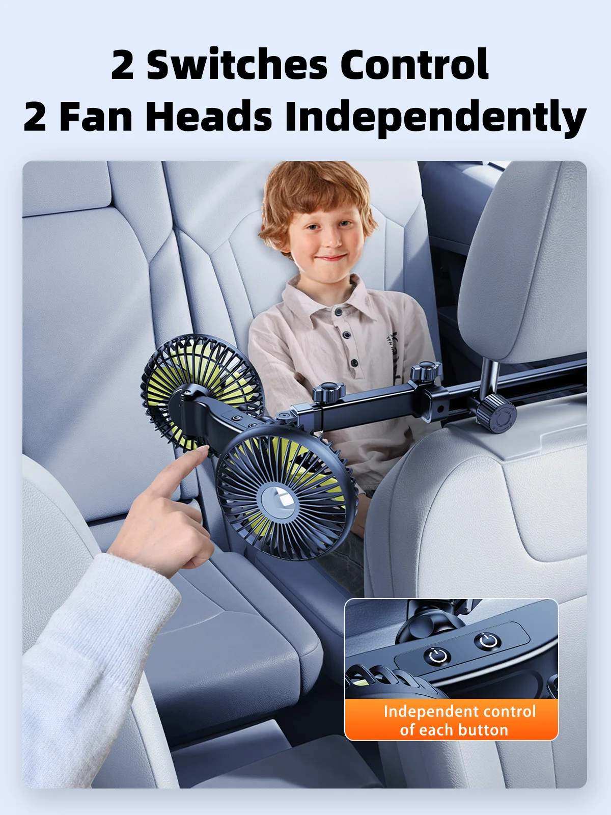 Eary Car Dual-Head Fan Mount For Backseat Rear Seat Headrest USB Charge Long Arm Adjustable 3-Speed Wind Air Cooling Fan For Kid 5