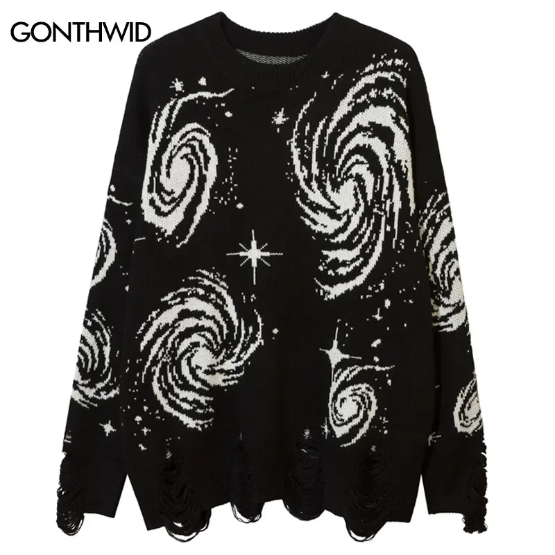 

Men Ripped Sweater Grunge Hip Hop Knitted Starry Sky Distressed Holes Pullover Streetwear 2023 Harajuku Punk Goth Jumper Sweater