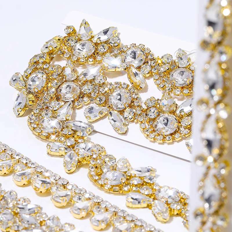 DUCRYSTAL 1 Yard/90 cm Goldbasis Glas Strass Kette Hot Fix Glas Kristall Strass Trim für DIY Schuhe, Taschen, Dekoration – Detail 4