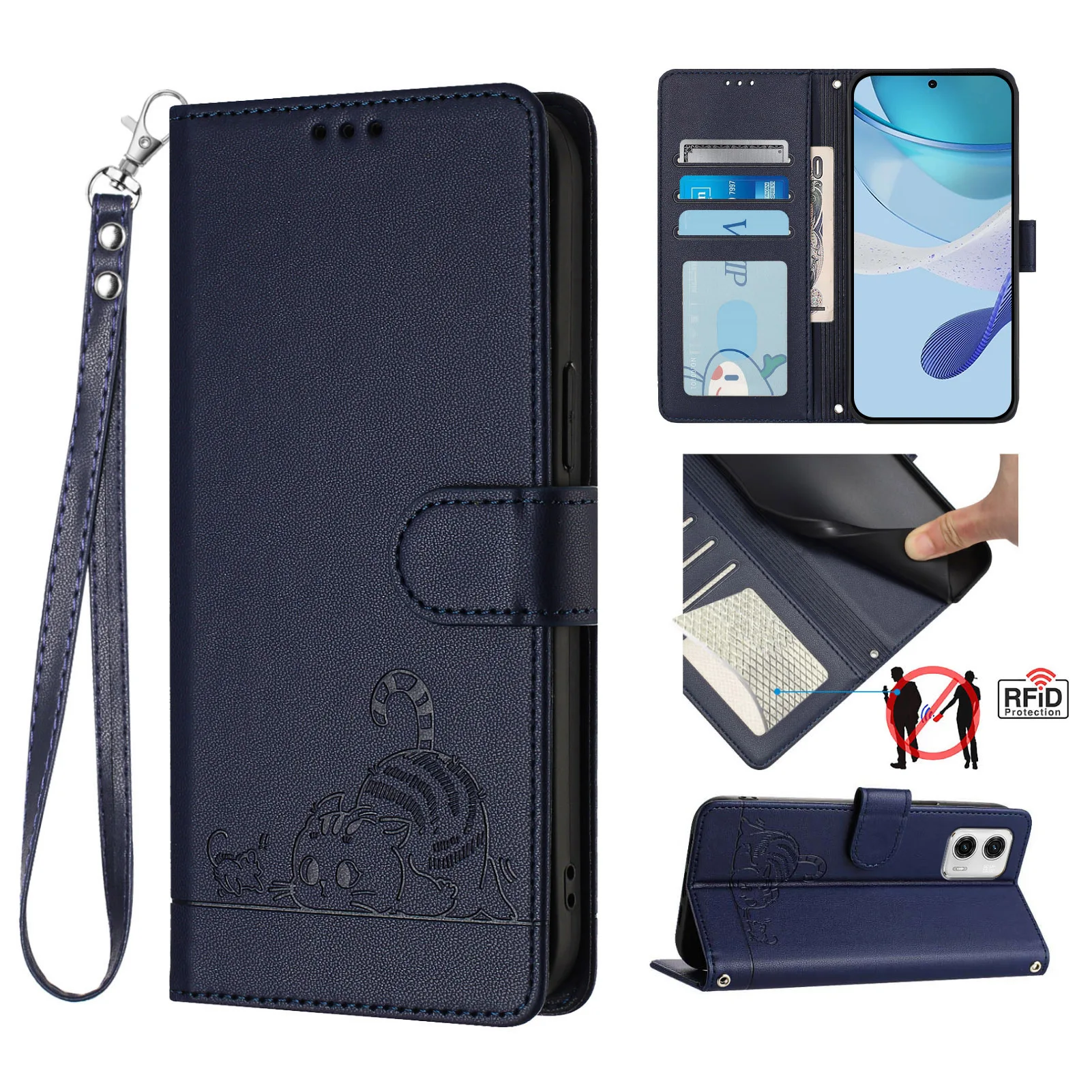 Charming Cat Crossbody Leather Wallet Phone Case with Lanyard and Card Slots