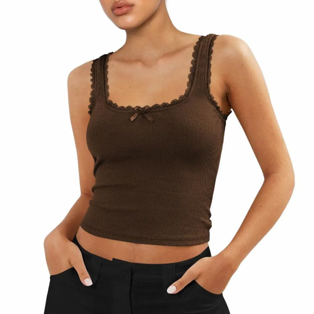 Women's Summer Cami Top Square Neck Casual Solid Color Spaghetti Strap Lace Trim Sleeveless Ribbed Slim Fit Tops