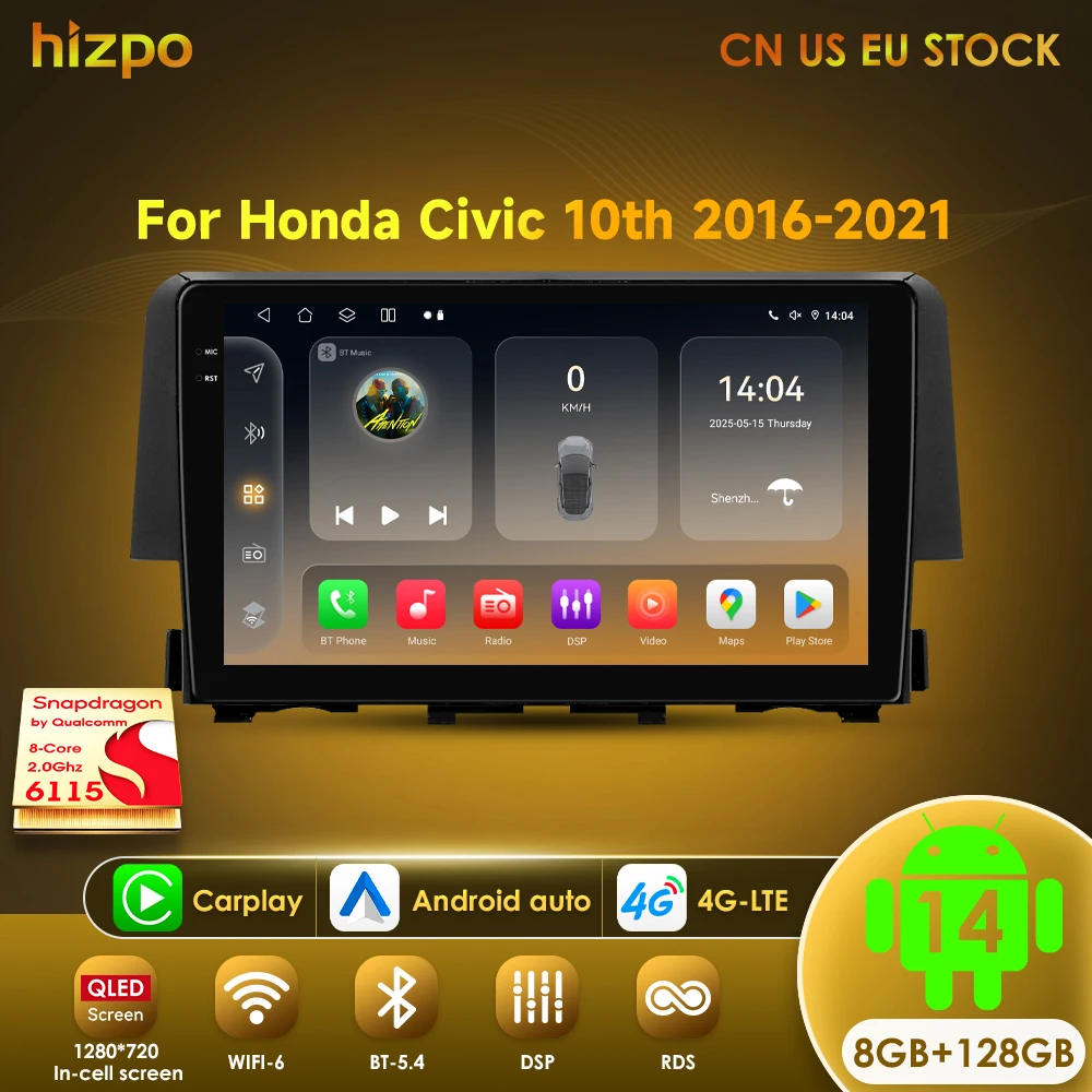 Hizpo Android 14 Car Multimedia DSP For Honda Civic 10th 2016-2021 Radio Video Navigation Stereo Head Unit QLED Screen Carplay