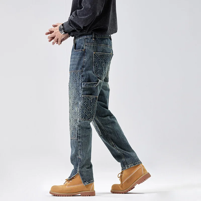 New Spring Men's Jeans Denim Pants for Men Vintage Printing y2k Clothing Casual Pants High Street Straight Pants