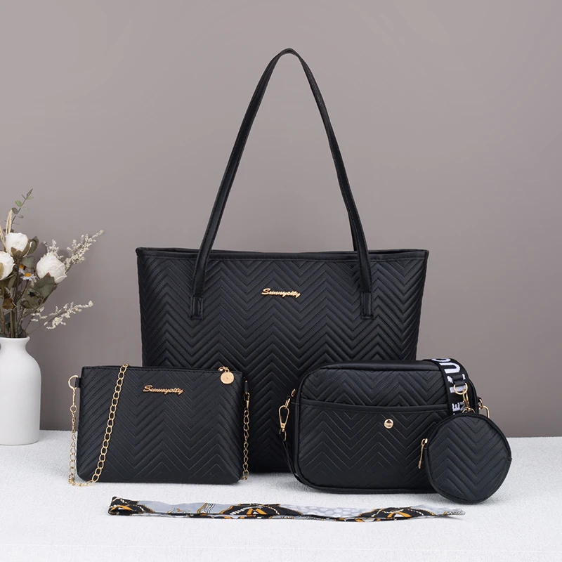 Wave pattern daily commuting large capacity tote bag handbag four piece set fashion - Image 3