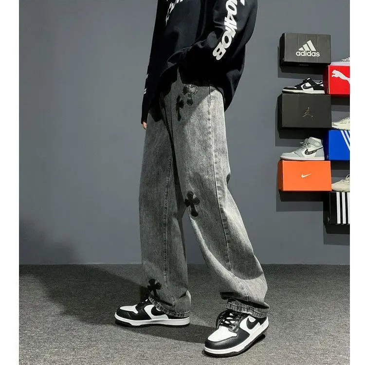 New cross print jeans for men American High street vibe trend all-in-one straight pants 5