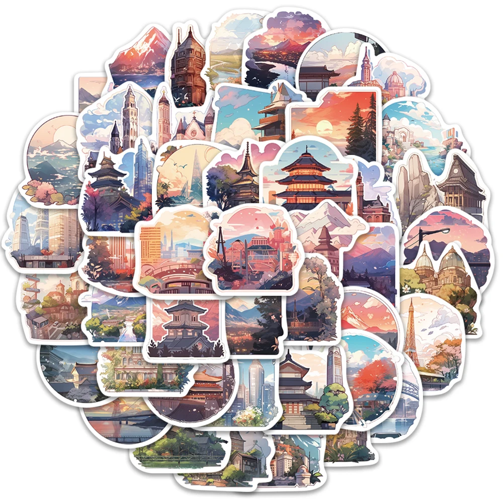 

10/25/50PCS Ins Landscape Painting Stickers Scenery building DIY Toys Suitcase Laptop Skateboard Mobile Decal Sticker