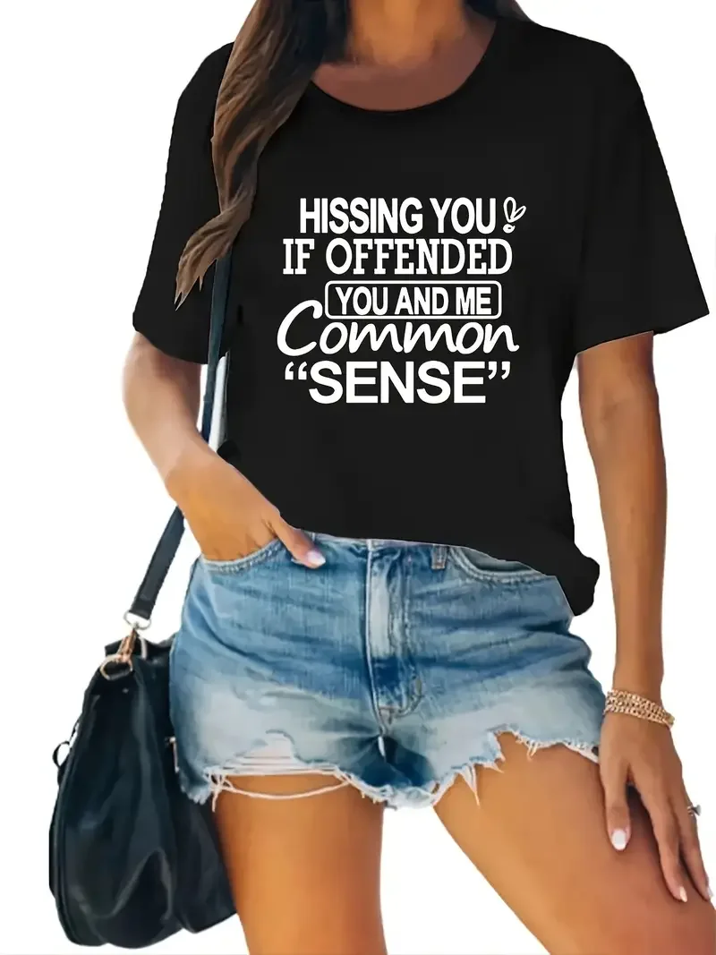 

Женская футболка с принтом «Hissing You If Off You And Me», с модным принтом «Good Sense», летняя футболка с круглым вырезом и коротким рукавом, топы