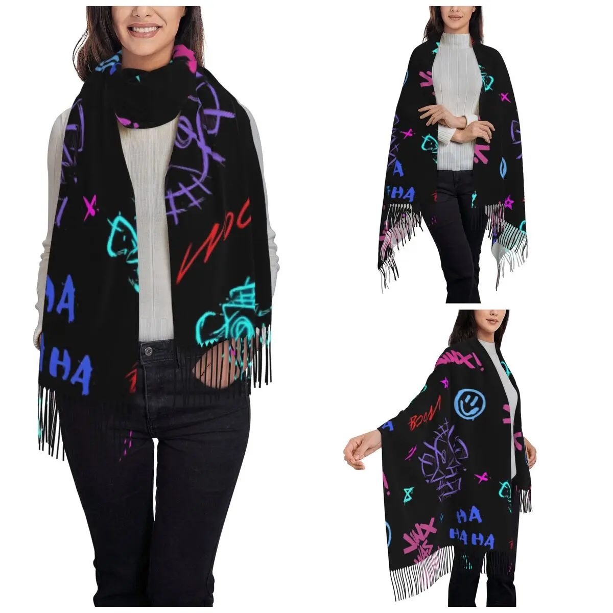Jinx Monkey Anime Scarf for Womens Fall Winter Shawl Wrap Arcane Game Long Shawl Scarf Ladies 2