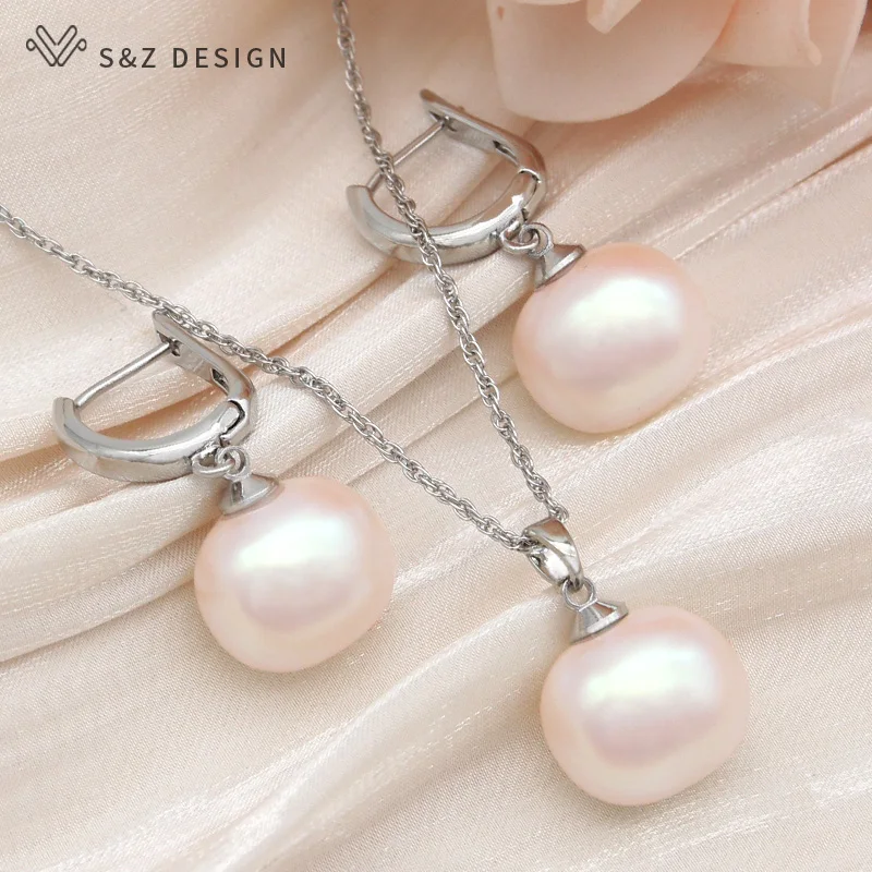 S&Z DESIGN New Fashion Round Rectangle Simulated-pearl Bead Drop Earrings Jewelry Sets For Women 585 Rose Gold Color Necklace