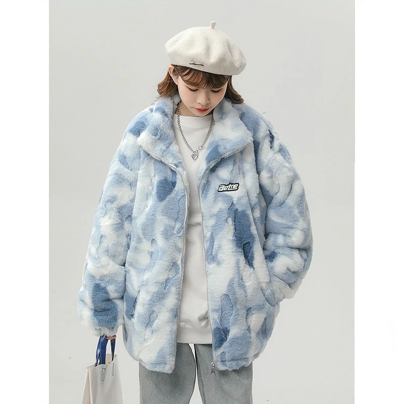 Winter Faux Fur Sweet Style Lamb Wool Jacket Women Short Oversized Tie Dye Zipper Loose Plush Clothing Fashion Warm Outerwear