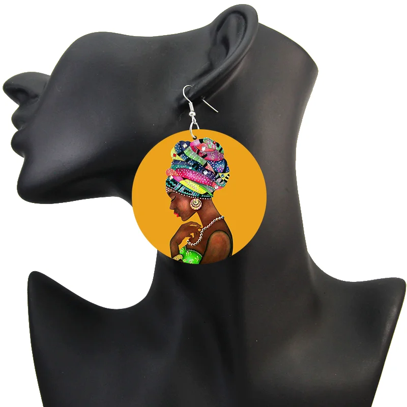 Voikukka Jewelry African Woman Pattern With Hijab Wooden Both Sides Print 6 CM Pendant Drop Earrings Wholesale 6