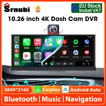 Srnubi 10,26 "4K gira cámara de salpicadero DVR para coche, Carplay portátil Universal para pantalla de coche, Carplay inalámbrico Android Auto Bluetooth Radio 1